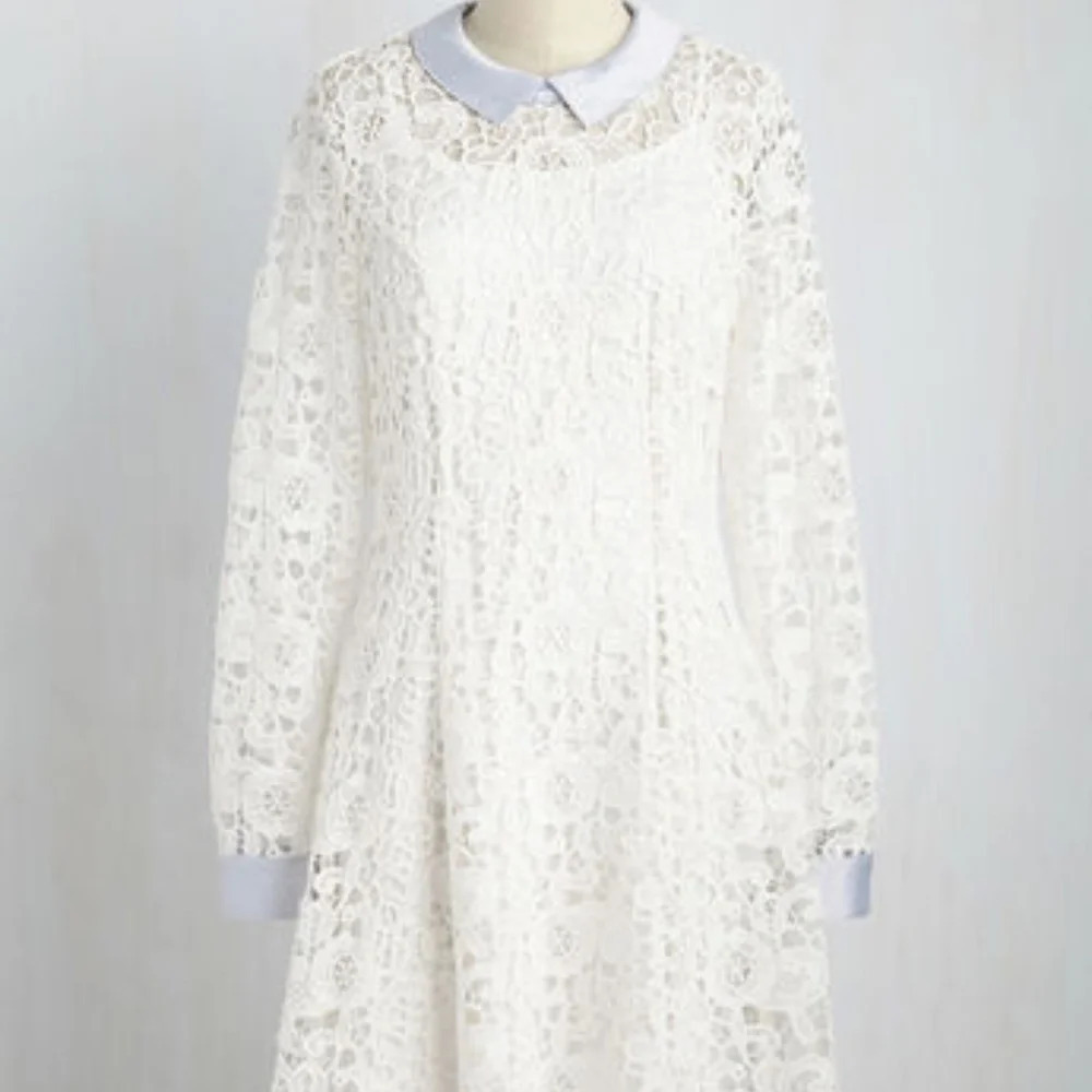 ModCloth White Lace Dress with Light Blue Collar and Cuffs